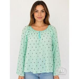 Scandal Italy Mint Green Sequin Blouse Sheer Peasant Top Boho L NWT